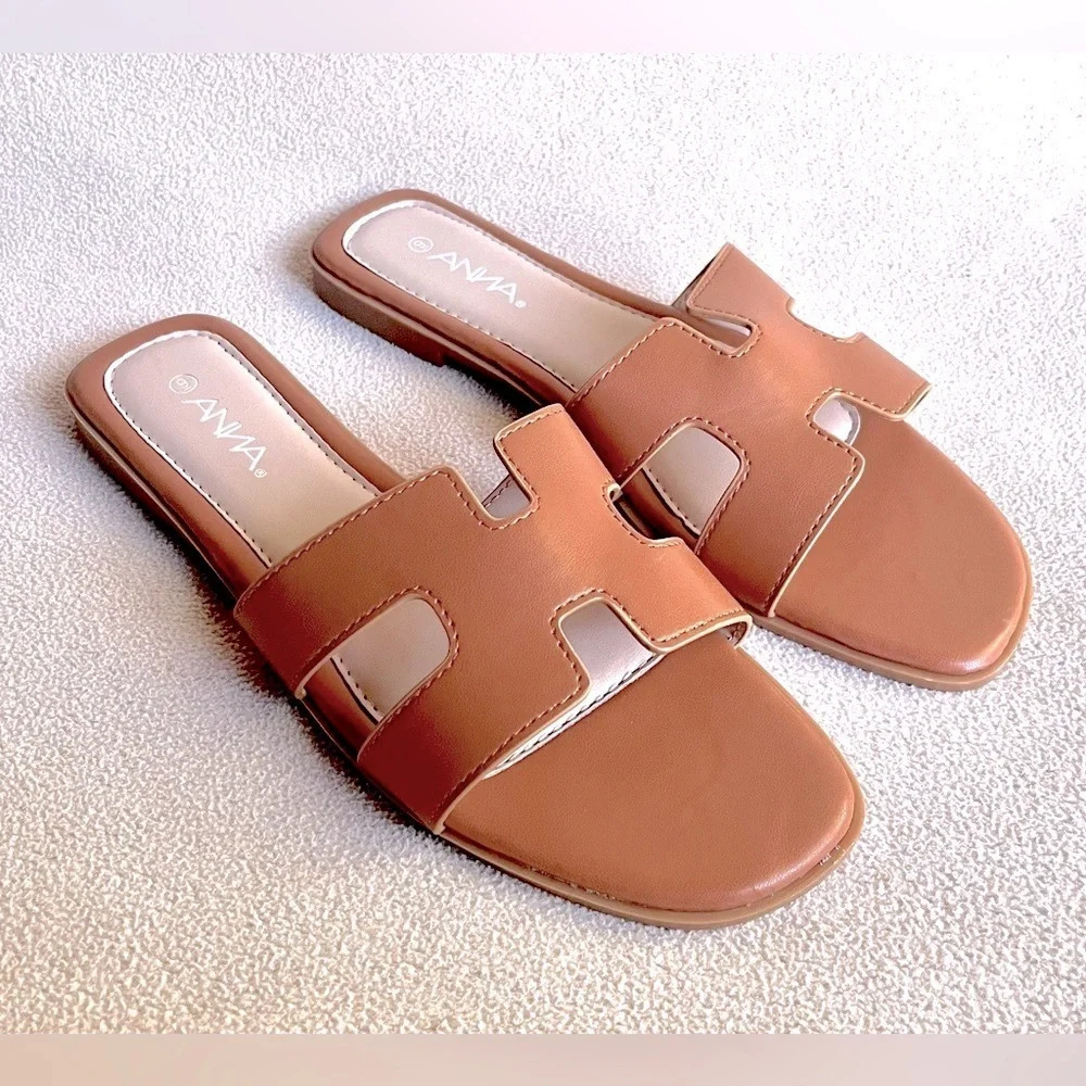 Vegan Leather Sandal Slides Brown - Picture 2 of 3